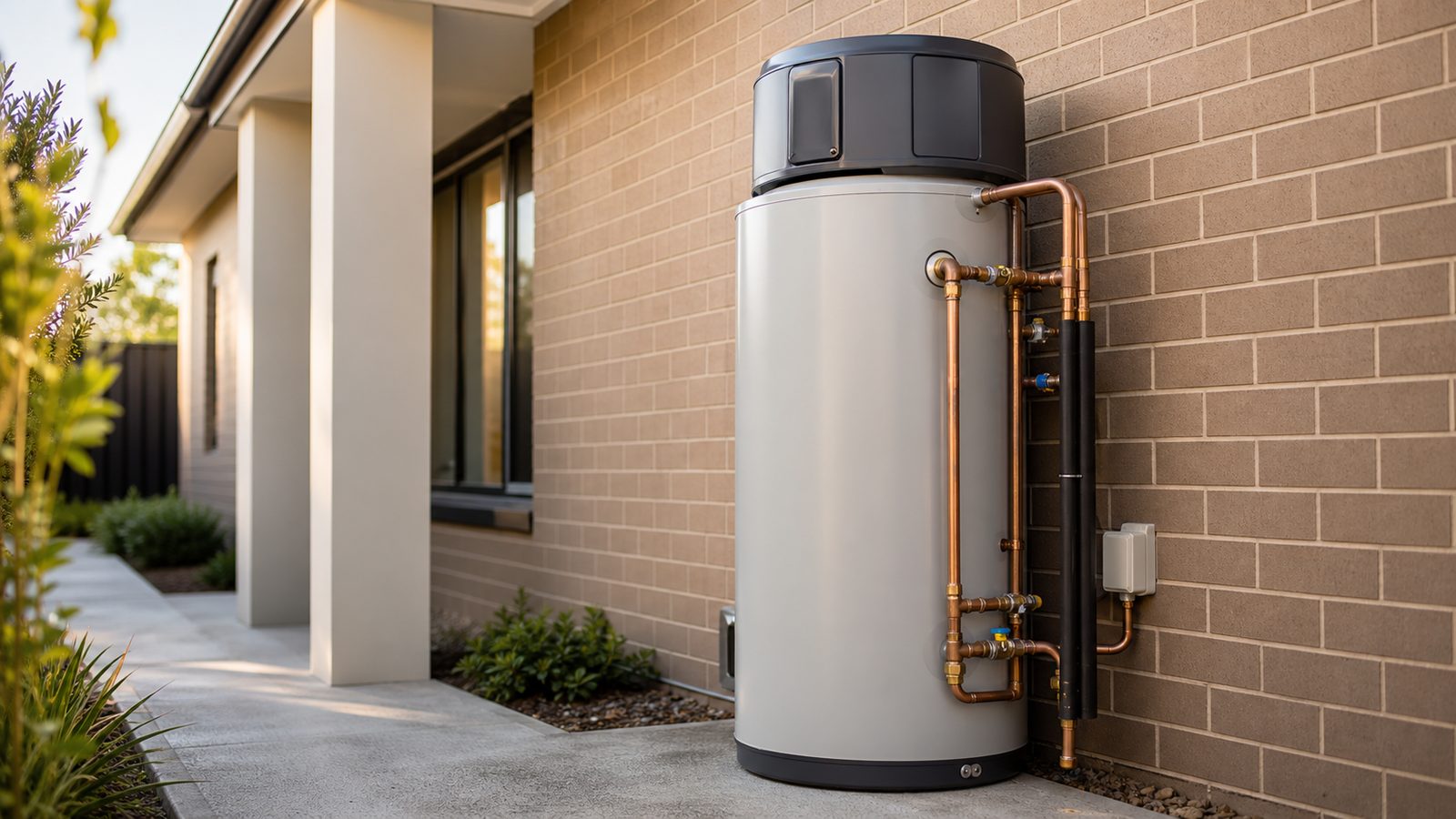 Brand-new heat-pump hot water system on a tidy concrete pad